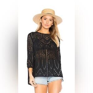 RAVN Febe Top Size 36 US S Black Embroidered Eyelet Lace Three Quarter Sleeve